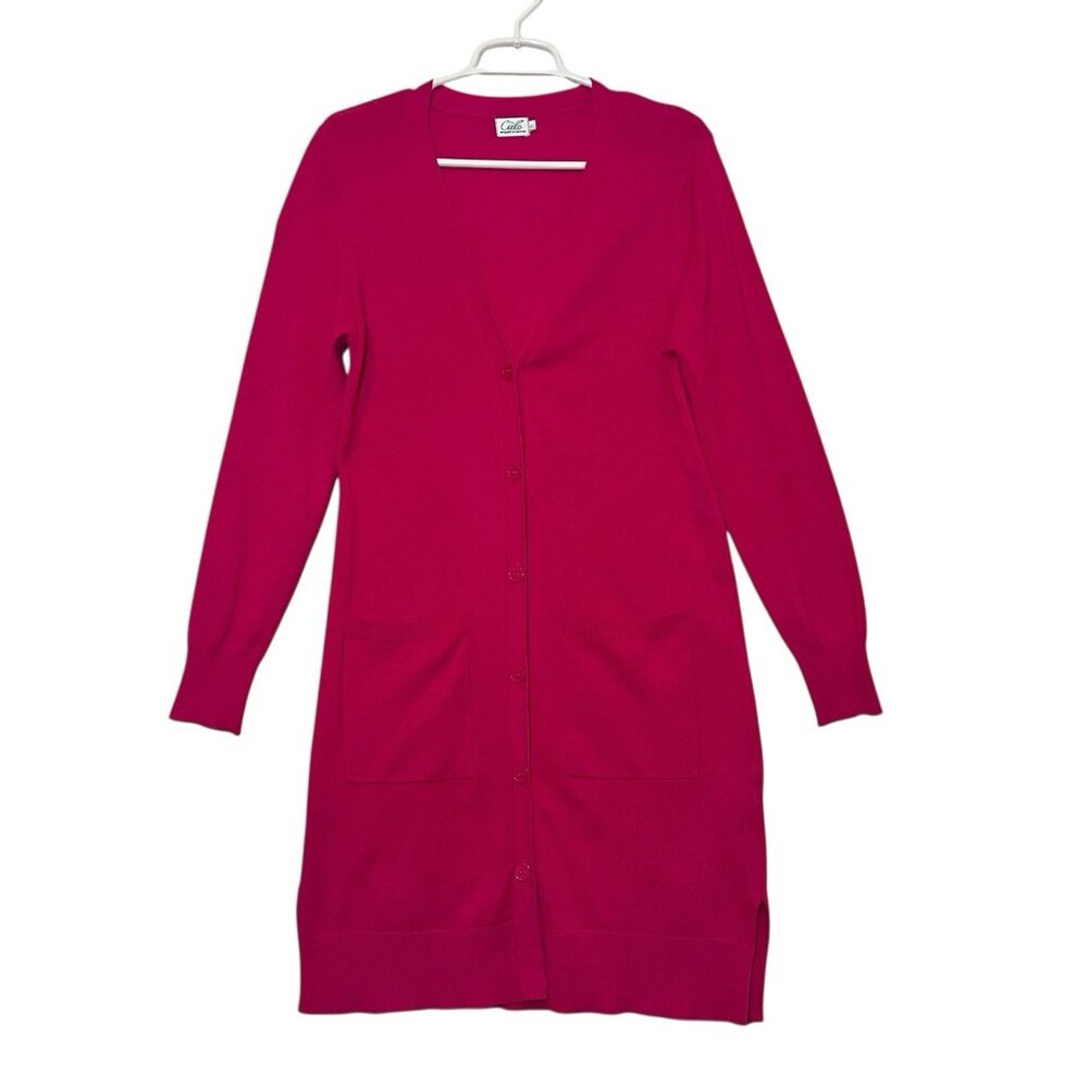 Cielo Women’s  Long Cardigan Button Front V Neck Pockets Hot Pink Size Large